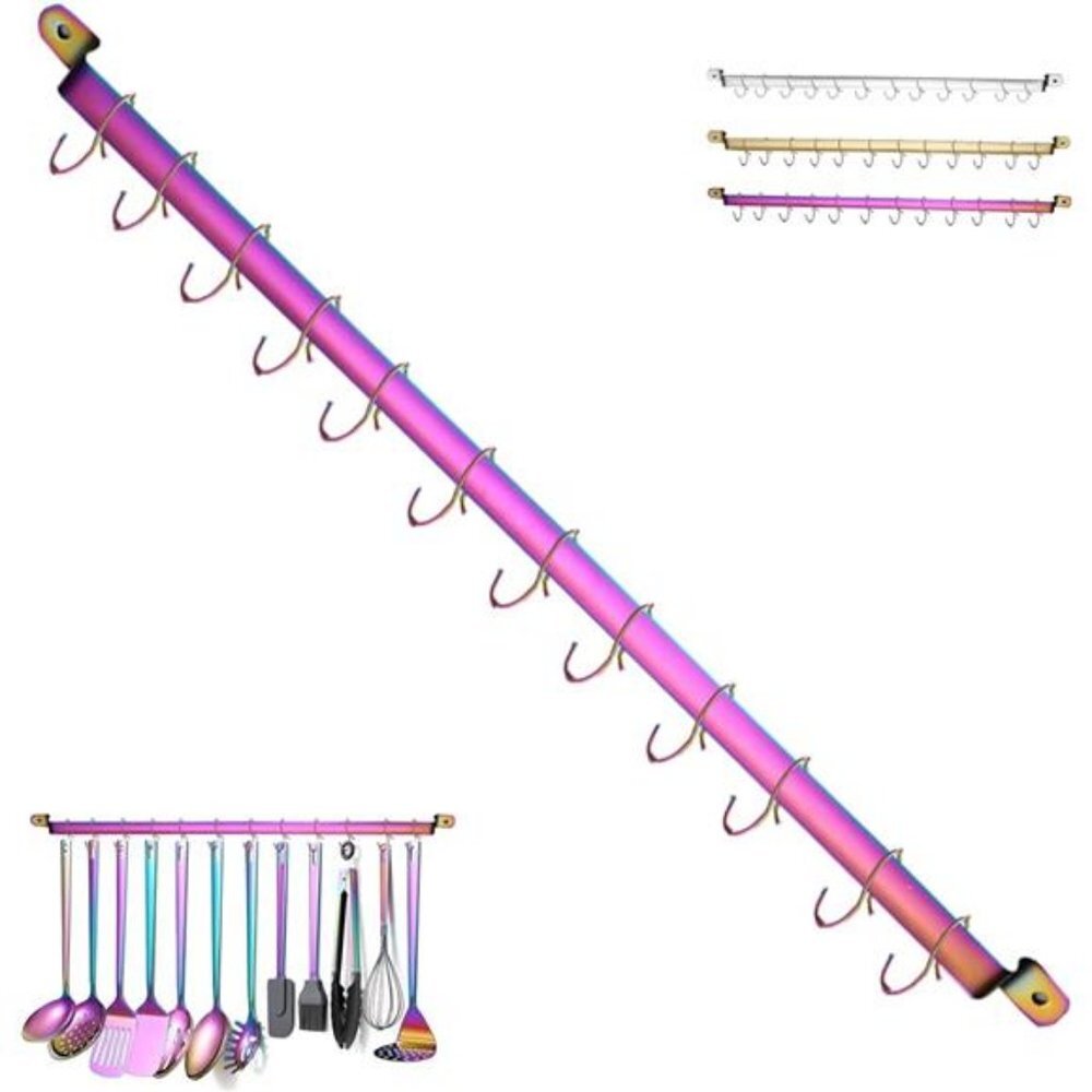 Kitchen Rack With Rainbow Titanium Plating, Rail Rack Organizer with 14 Hooks